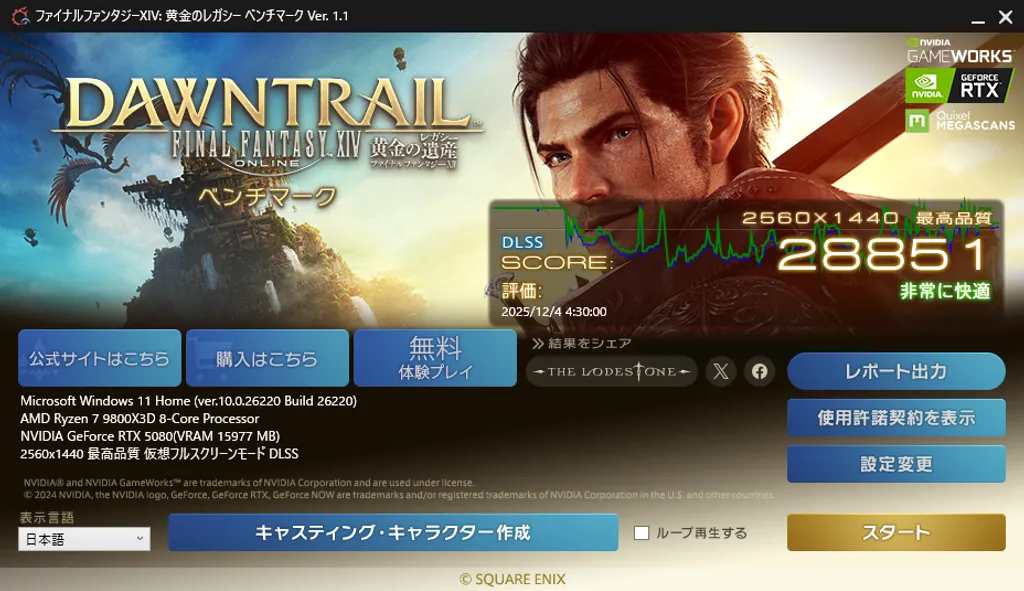 オーバークロックしたRTX 5080でのFF14黄金のレガシーベンチマークの結果